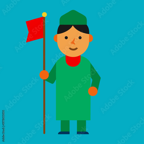 Orange skin cartoon man in green tunic with a red flag on teal.