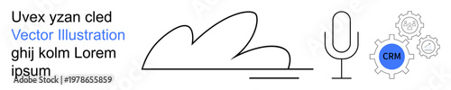 Cloud computing, voice technology, CRM systems, digital transformation, data management, automation. Abstract cloud, microphone gears and text. Cloud computing and voice technology concepts