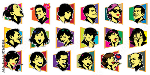 Retro comic book pop art style people faces and emotions collection. Colorful vintage stickers set of men and women expressing joy, shock, anger and love, isolated.