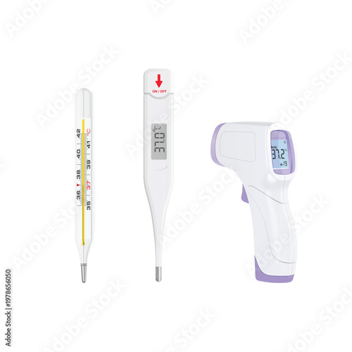 Realistic vector illustration of three types of medical thermometers mercury digital and infrared