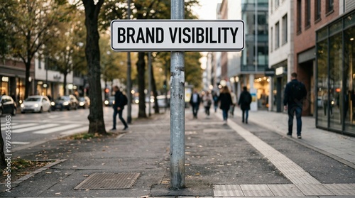 Street sign labeled brand visibility stands beside a city sidewalk lined with shops, trees, and pedestrians, showing an urban advertising concept in a busy commercial district.