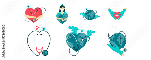 Set of Illustration of World Nurses Day in the Health Sector, Nurse Character, Medical Care and Global Health