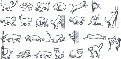 set of 24 hand drawn cat illustrations in various poses with black fill and no white fills included for easy background integration