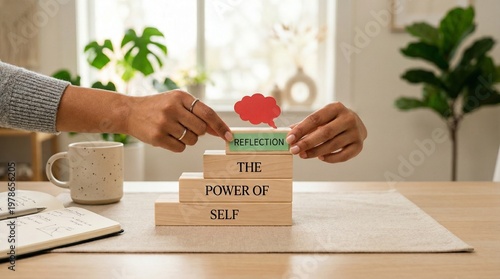 Hands placing a red paper cutout figure above wooden blocks spelling The Power of Self on a desk, suggesting self development, confidence, motivation, and personal growth at home.
