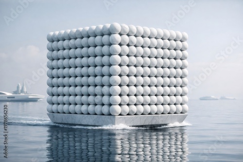 Innovative modular cube structure crafted from stacked white spheres, creating a contemporary and abstract form, transporting goods across calm blue water
