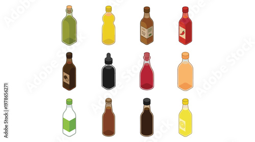 Collection of isometric bottles with various liquids and labels