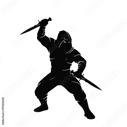 Silhouette Ninja Warrior with Swords Illustration