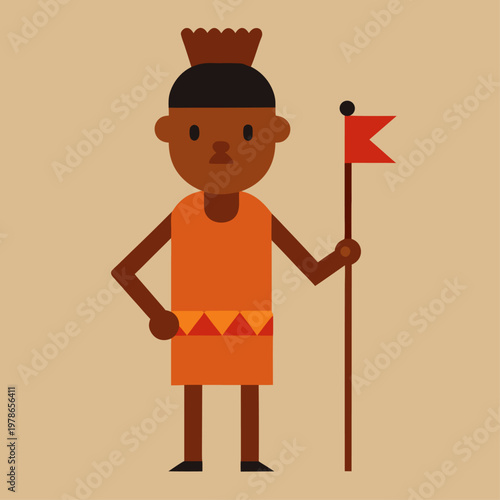 Himba man in orange tunic with patterned belt and a red flag.