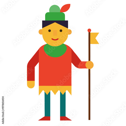 A male cartoon character wearing a green feathered hat and red tunic stands against a white background while holding a tall brown flag pole with a yellow banner.
