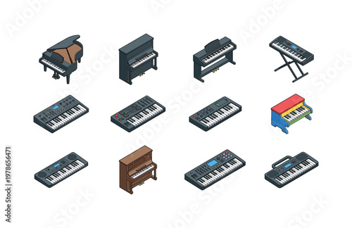 Grand piano, upright piano, digital piano, stage piano, synthesizer keyboard, MIDI controller keyboard, mini keyboard, toy piano,