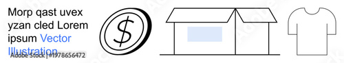 E-commerce, retail, savings, online shopping, merchandising, business. Dollar sign, house and T-shirt icons in a minimalist design. E-commerce and retail theme highlighted with symbolic elements