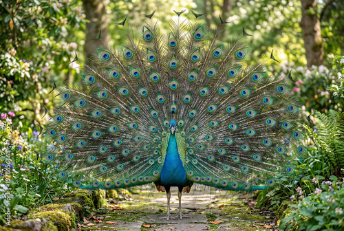 Peacock displaying vibrant feathers with symmetrical composition