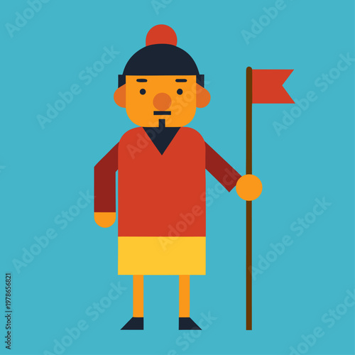 A bearded cartoon man wearing a red tunic and yellow garment holds a red flag on a brown pole while standing against a solid teal background.