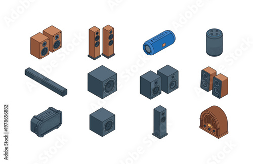 Bookshelf speakers pair, floor standing speakers, portable Bluetooth speaker, smart speaker, soundbar speaker, subwoofer unit,