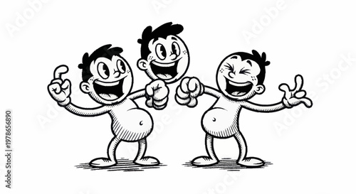 Three cartoon characters smiling together happy.