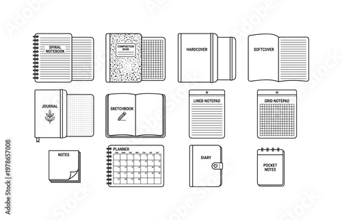 A school stationery arrangement with a spiral notebook, composition notebook, hardcover notebook, softcover notebook, journal,