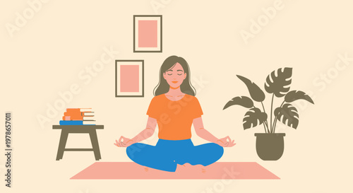 Minimalist yoga meditation vector illustration, woman sitting in lotus pose at home with houseplant and books, flat pastel wellness mindfulness design for app, web banner, poster