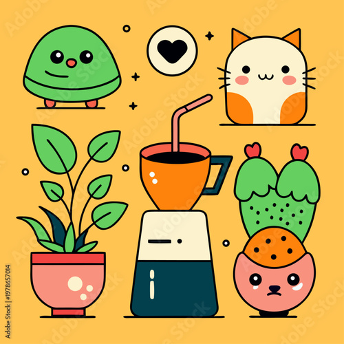A group of various cute cartoon icons including a cat face, a potted plant, and a cup of coffee with a straw is arranged on a solid orange-yellow background.