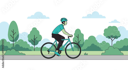 Flat vector cyclist riding bicycle on park road, green and blue urban nature landscape illustration. Active commuting concept, man on bike outdoors for fitness, eco transport