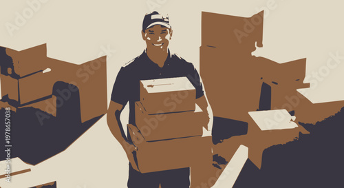 Vintage vector moving day illustration, delivery worker carrying cardboard boxes in brown and blue, relocation and logistics concept for shipping ads, storage, packing services