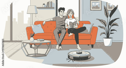 Modern flat vector couple relaxing on orange sofa with laptop. Cozy living room interior with robot vacuum cleaner, houseplants and city skyline view, home lifestyle illustration