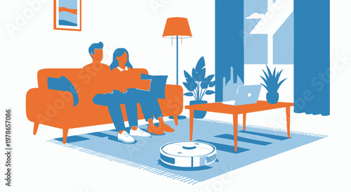 Flat vector living room interior in orange and blue, modern home lounge with sofa and coffee table. Cozy apartment scene with robot vacuum cleaner, home cleaning concept