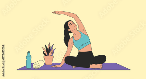 Minimal flat vector woman yoga stretch on purple mat, sporty fitness illustration with water bottle and plant, pastel beige background wellness design for apps, banners, blogs