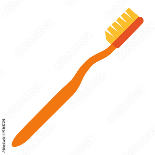 A single orange manual toothbrush with an ergonomic wavy handle and yellow bristles is positioned diagonally across a plain white background in a flat vector style.