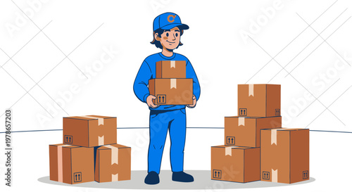 Cartoon delivery man holding box, flat vector courier character in blue uniform and cap. Warehouse shipping boxes and parcels, logistics and moving service illustration for web ads