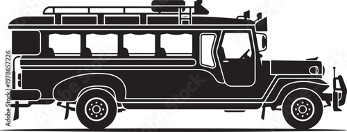 vintage safari expedition truck with roof rack and open side view illustration