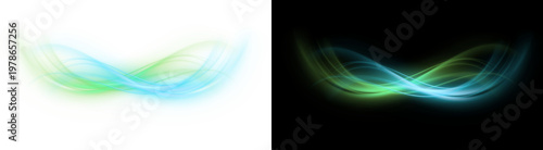 PNG image of Dynamic light streaks, abstract blue and green energy wave, glowing ethereal lines, modern digital art for technology and science concepts isolated on Transparent Background