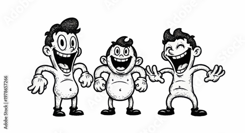 Three cartoon characters smiling widely.