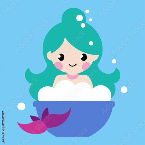 A cute teal-haired mermaid takes a bubble bath in a large blue tub with white foam and small bubbles rising against a solid light blue background.