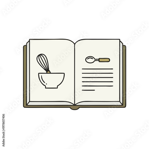 A cookbook lies open with a whisk in a bowl on one page and a spoon on the other.