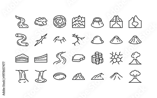 Volcanic formations and lava structures with lava flows, magma layers, volcanic vents and geological features clean monoline