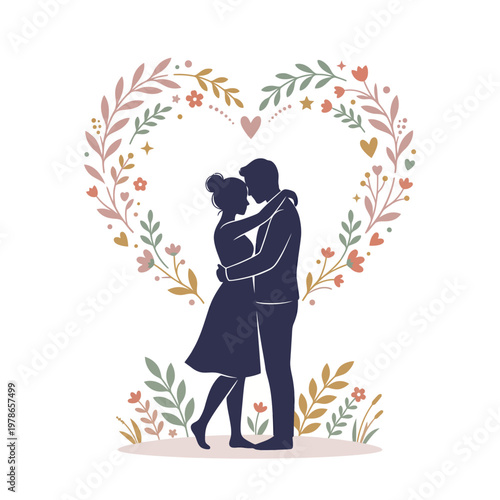 A romantic couple silhouette embracing, surrounded by a heart-shaped floral wreath with leaves and flowers on a white background, conveying love and affection in a minimal, modern design.