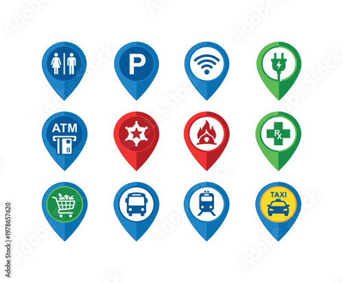 Service and facility pins with restroom pin, parking pin, wifi pin, charging station pin, ATM pin, police station pin, fire
