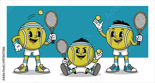 Three cheerful cartoon tennis ball characters actively playing and practicing with rackets, showcasing energetic sportsmanship and a love for the game with dynamic flair vector design illustration