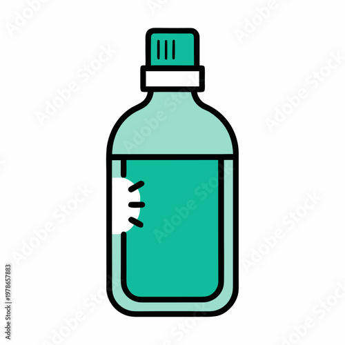 Light green mouthwash bottle with dark label sits on white.