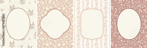 Set of delicate vintage retro vibe cottagecore frames and premade cards templates in soft pastel color palette. Vantage wallpaper card poster invitation template
