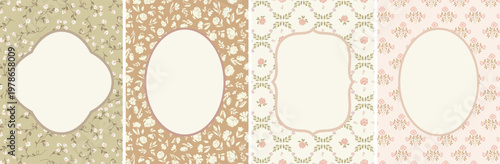 Set of delicate vintage retro vibe cottagecore frames and premade cards templates in soft pastel color palette. Vantage wallpaper card poster invitation template