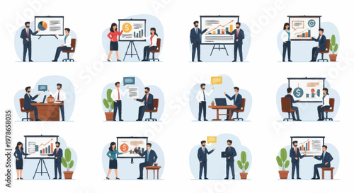 Business people presenting data on charts.