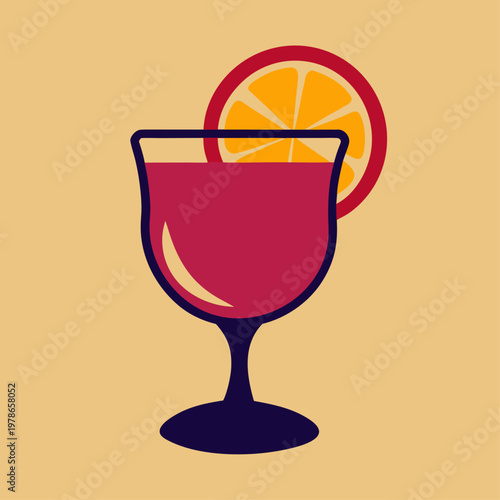 Glass of magenta mulled wine sits against a tan background.