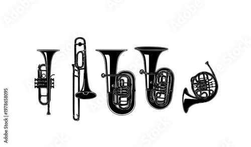 Trumpet Icons Set, Brass Instruments Silhouette Vector Collection
