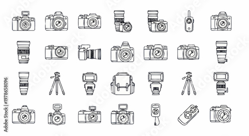 Camera icons and photography equipment.