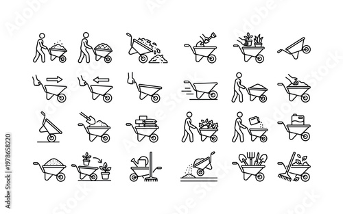Wheelbarrow usage with transporting, dumping, carrying, loading, unloading, tipping, and gardening actions clean monoline outline