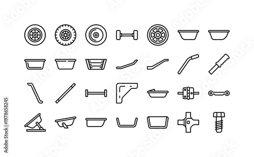 Wheelbarrow parts with wheels, handles, tubs, frames, axles, and structural components clean monoline outline icon set showing