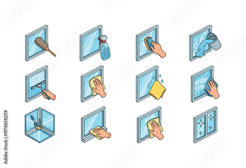 Spraying window, wiping glass, scrubbing window, squeegee cleaning, rinsing window, drying glass, removing streaks, polishing