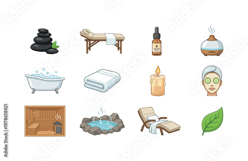 Spa and wellness weekend with spa stones, massage table, essential oil bottle, aromatherapy diffuser, bath tub, towel, candle,