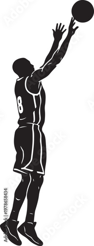 African American basketball player jumping to shoot ball in studio silhouette